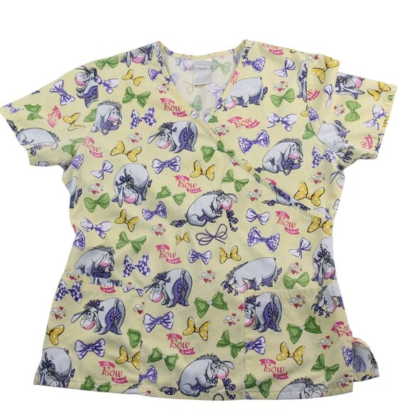 Disney Women Small Winnie The Pooh Eeyore Oh Bow Is Me Medical Uniform Scrub Top - Picture 1 of 10